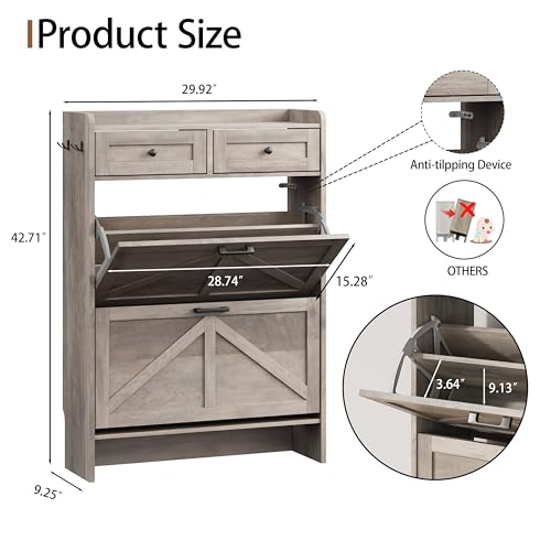 Shoe Cabinet with 2 Flip Drawers & 2 Top Drawers, 43" Tall Freestanding Narrow Wooden Shoe Storage Organizer for Entryway, Hidden Slim Shoe Rack for Front Door Entrance, Hallway, Living Room, Grey - color: Grey, size: 2 Flip Drawers