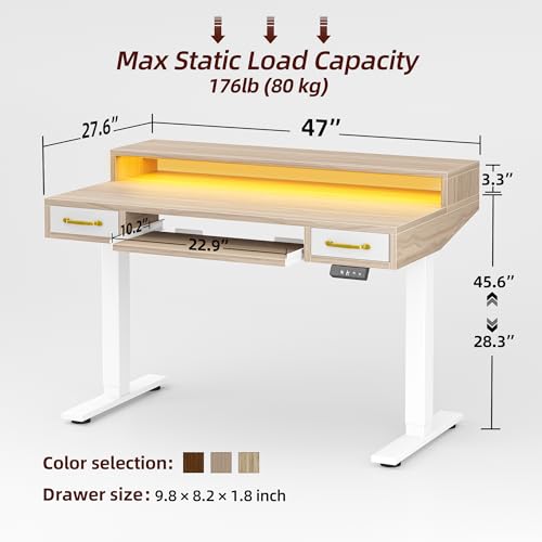 TIQLAB Standing Desk with Two Drawers, Stand Up Standing Desk Adjustable Height, Electric Sit Stand Table with Storage Shelf and Splice Board, with LED Light, 47 * 28 inch, Light Walnut - color: Light Walnut, size: 47*28 inch with keyboard tray