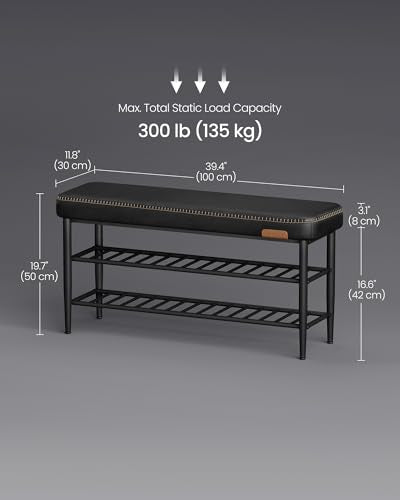VASAGLE EKHO Collection - Shoe Rack Bench, Storage Bench for Entryway, Synthetic Leather with Stitching, Mid-Century Modern, Loads 300 lb, 11.8 x 39.4 x 19.7 Inches, Ink Black ULSB113B01 - color: Ink Black, size: 39.4"W