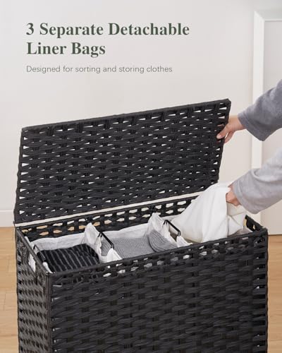 SETVSON Laundry Hamper with Lid 132 L, (35 Gallons) Clothes Hamper with Lid, Handwoven Rattan Laundry Hamper with Metal Heightened Feet, Laundry Hampers with 3 Removable Liner Bags for Laundry-Black - color: Black, size: 132 L - 35 gal