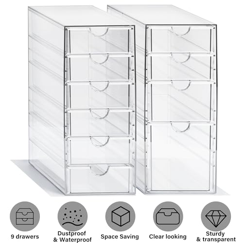Prsildan Acrylic Drawer Makeup Organizer with 10 Drawers, Set of 2 Office Desk Organizers Accessories, Clear Stackable Storage Drawers for Vanity, Countertop, Craft, Jewelry, Art Supply Organization - style: 10 Drawers
