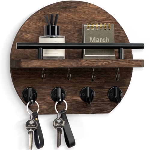 Nekon Key Holder for Wall - 9.8 Inch Apartment Wall Decor with Shelf and 8 Key Hooks, Circular Wood Key Hanger for Home Decor (Brown) - color: Brown