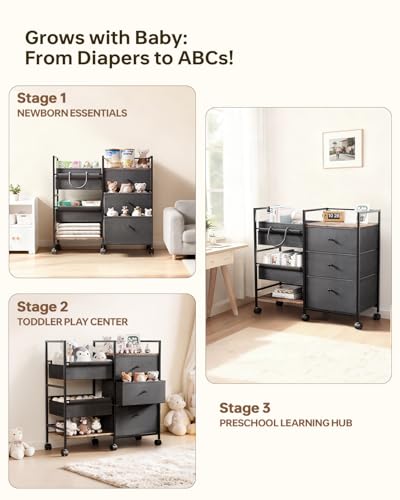 2-in-1 Baby Diaper Caddy Organizer and Storage-3 Tier Rolling Baby Cart with Dividers and Drawers, Baby Essentials for Nursery Storage, Mobile Utility Cart with Wheels Large Capacity Easy To Assemble