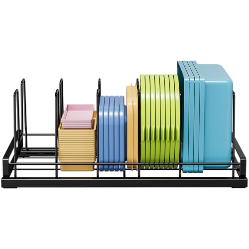 Food Container Lid Organizer, Adjustable 6 Dividers Full-Metal Pot and Pan Organizer Rack for Kitchen Cabinets, Drawers, Cupboards, Pantry Shelves Storage, Black - color: Black,14",6 Dividers