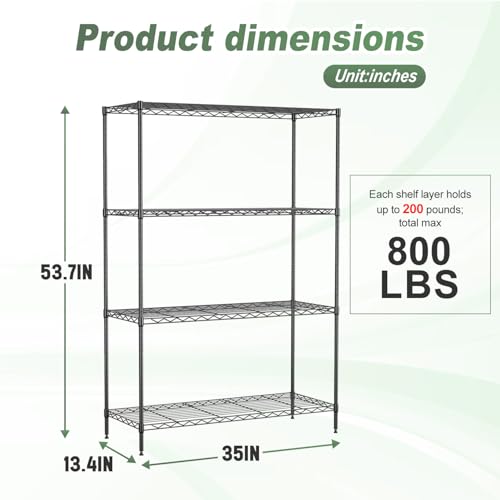 BestOffice 4-Tier Wire Shelving Unit, 800 LBS Heavy Duty Metal Storage Shelves, Adjustable Wire Shelf for Garage, Kitchen, Pantry, Utility Shelving Rack with Leveling Feet, Black - color: Black, size: 35"D x 13.4"W x 53.7"H