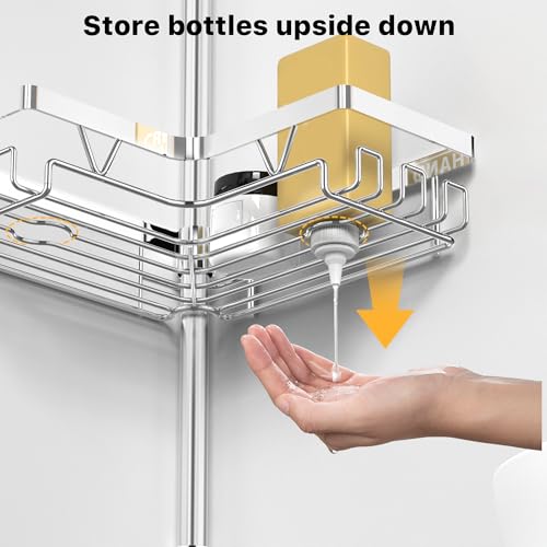 KEGII Corner Shower Caddy Tension Pole - Chrome 4-Tier Adjustable Shower Tension Rod Organizer with Hooks & Soap Holders, 25-114.2 Inch Stainless Steel Shower Storage Rack for Renters & Family - style: Tension Caddy - Chrone