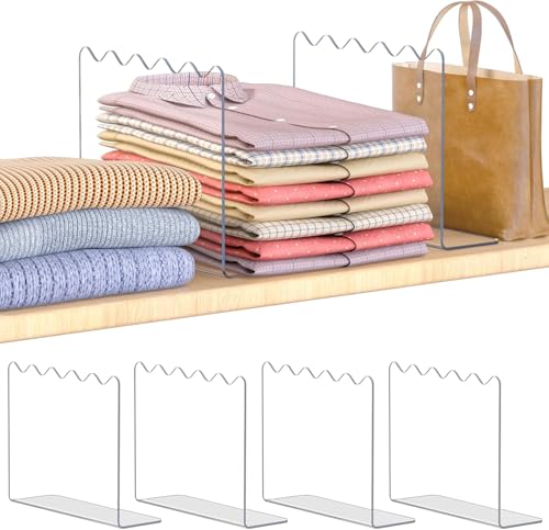 OKPOW Acrylic Shelf Dividers for Closet Organization - 10" Tall X 12" Deep Easy Installation Clothes Purses Organizer - Space-Saving Adjustable & Sturdy Clear Dividers for Wood Cabinet Shelves, 4 Pack - color: 4 Pack, size: 10" Tall X 12" Deep