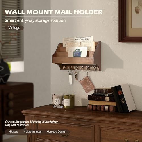 Rebee Vision Pine Wood Key Holder Wall Mount - Hanging Mail Holder for Wall with Key Hooks & 3-Tire Letter Slot - Multifunctional File Organizer for Home and Office Decor (Brown) - color: Brown