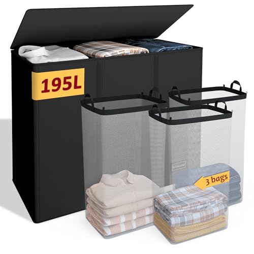 195L Laundry Hamper 3 Section,Large Laundry Hamper with Lid,Dirty Clothes Hamper with 3 Inner Bags,Collapsible Laundry Basket Organizer for Laundry Room,Bedroom,Laundry Sorter Hamper 3 Compartment - color: Black, size: 195L