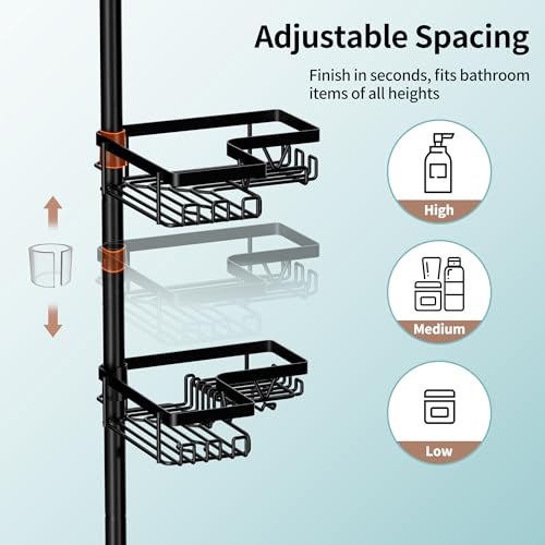 KEGII Shower Caddy Corner Tension Pole with Toothbrush Holder - Adjustable Corner Shower Organizer with Tooth Brush Holder, No Drilling Rustproof Bathroom Shelf Storage Rack, Fits 25-114.2 Inch - color: Black