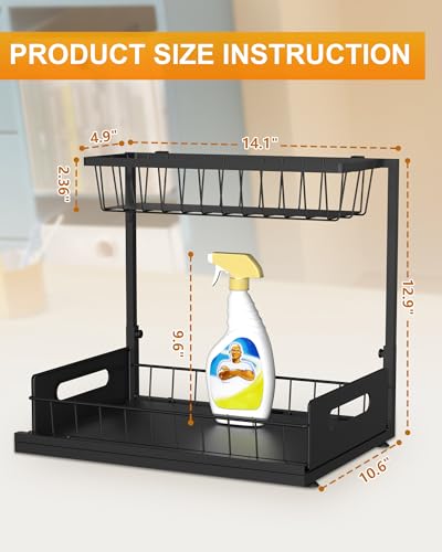 Mythinglogic Metal Under Sink Organizer and Storage, 2 Tier Under Sink Organizer, Pull Out Under Cabinet Organizer Shelf for Kitchen Bathroom and Laundry Room