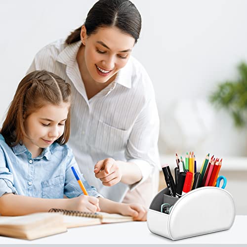Fintie Remote Control Holder, 5 Compartments Vegan Leather TV Remoter Caddy Desktop Organizer Makeup Brush Holder Storage Fits TV Remotes, Media Controllers, Office Supplies(White) - color: White