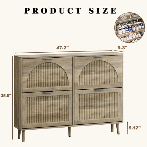 Shoe Storage Cabinet with 4 Flip Drawers, Narrow Wood Shoe Organizer Cabinet with Fluted Panel, Slim Shoe Rack for Entryway, Freestanding Shoe Cabinet for Living Room, Hallway, Grey - color: Grey, size: 4-Drawers