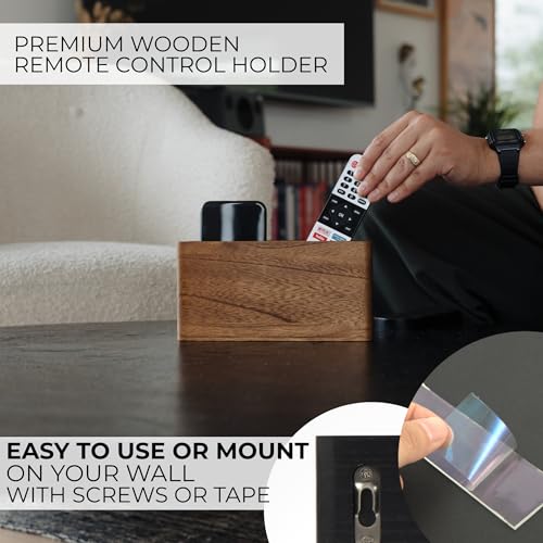 KIBAGA Premium Wooden Remote Control Holder - Easy Install Adhesive Wall Mount Caddy Keeps 3-4 TV Remotes Neatly Organized - Stylish Natural Wood Organizer is Perfect for Any Bed Or Living Room Wall - color: Brown