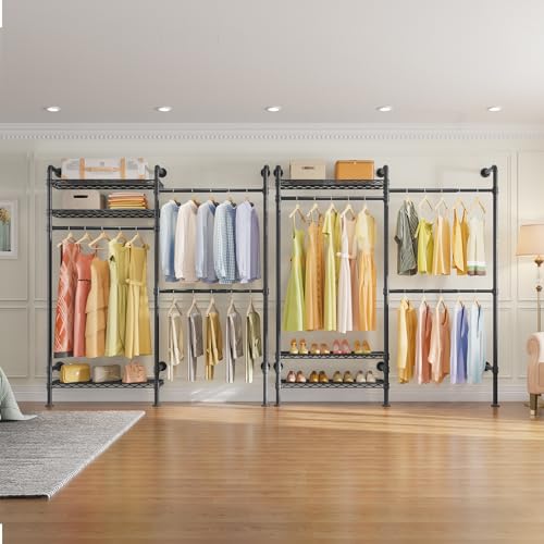 Timate F2 Industrial Pipe Clothes Rack Wall Mounted Clothing Rack for Hanging Clothes, Expandable Garment Racks Heavy Duty Wardrobe Closet Organizer and Storage, Black Adjustable Industrial Closet Kit - color: Black, style: Timate F2
