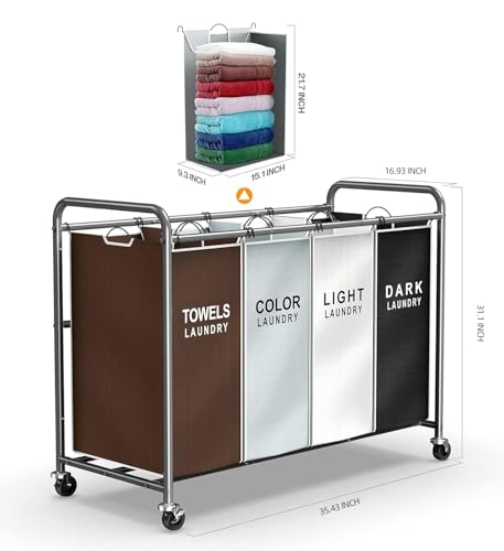 ROMOON Laundry Hamper Sorter Cart: 4-Section Organizer with Heavy-Duty Lockable Wheels and Removable Bags | 180L Rolling Laundry Basket for Dirty Clothes in Laundry Room or Small Spaces (Multicolor) - color: Multicolored
