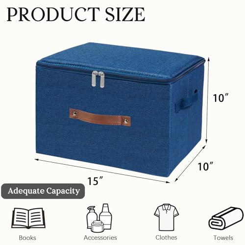Storage Bins with Zipper Lid Foldable Fabric Lidded Storage Boxes Baskets Cubes Washable Collapsible PU Leather Handle Cotton Linen Shelves Closet Organizer Container(Dark Blue, Large Size) - color: Dark Blue, size: Large ( Set of 1 )