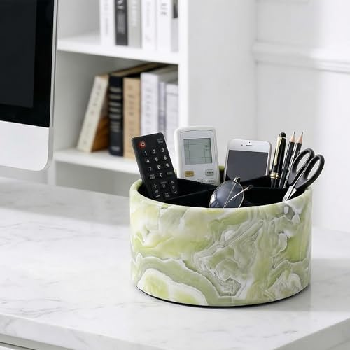 Remote Control Holder, 360°Spinning PU Leather Desk TV Remote Caddy,Desk Storage Box Room Accessories for Controller, Media,Mail,Calculator, Mobile Phone,Pencil(1-Big Marble Jade) - color: 1-Big Marble Jade