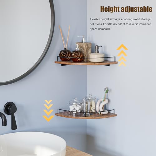 Corner Floating Shelves, Rustic Brown Wood, Set of 2, Wall Mount Storage with Guardrail for Bathroom Kitchen Living Room - color: Rustic Brown-2pack