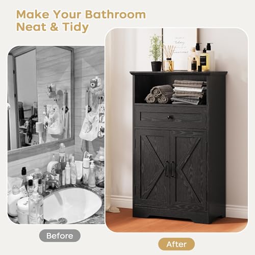 Floor Cabinet, Farmhouse Storage Cabinet with Barn Doors and Drawer, Freestanding Adjustable Shelf Organizer for Bathroom, Kitchen, Living Room Black - color: Black, size: 39.4"H x 23.6"W x 11.8"D