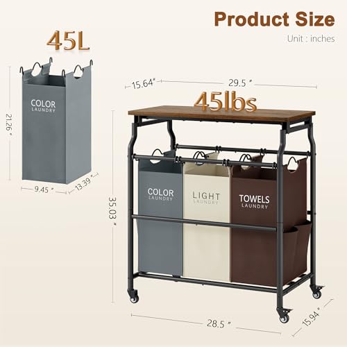 Hoctieon 3 Section Laundry Sorter Cart with Ironing Board, Laundry Hamper Basket with Shelf and Wheels, Heavy Duty Clothes Organizer, Large Clothes Separator with Removable Bags, Brown+Gray+Beige - color: Brown+gray+beige