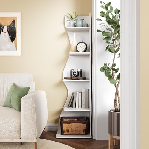 LITTLE TREE 70-Inch Corner Shelf, Seaweed Shaped Etagere Display Bookshelf, Freestanding 5-Tier Wall Shelves for Small Spaces, Living Room, Bedroom, White, 1 Pack - color: White, size: 1 Pack