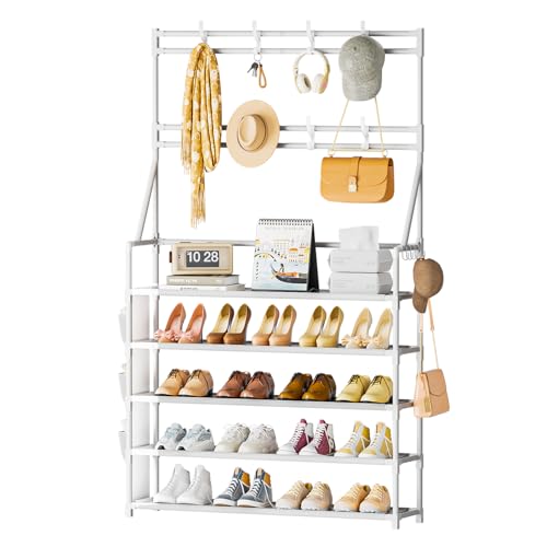 OYREL Shoe Rack 5 Tier Shoe Racks Organizer 20-25 Pairs Shoes Rack for Closet Entrance Shoe Storage Shelf with Hooks and Side Pocket Entryway Shoe Holder Space Saving Free Standing Shoe Racks - color: White, size: 5 Tier