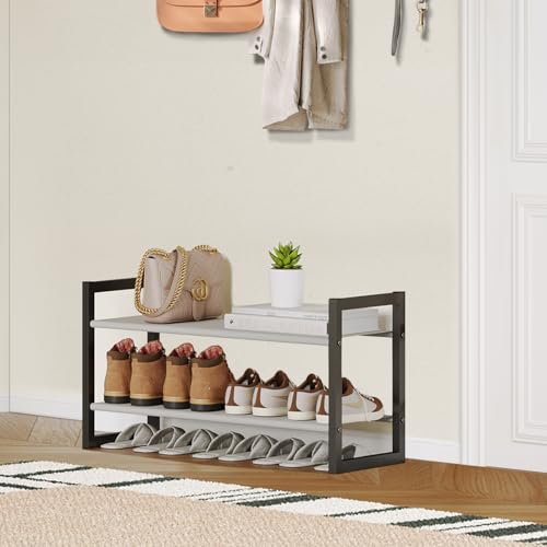 2-Tier Shoe Rack for Closet & Entryway, Stackable Shoe Organizer, Screw-Fastened Metal Frame for Less Wobble, Heel-Friendly Non-Woven Shelves, 11.8" Deep Space-Saving Shoe Storage (Black) - size: 2-Tier