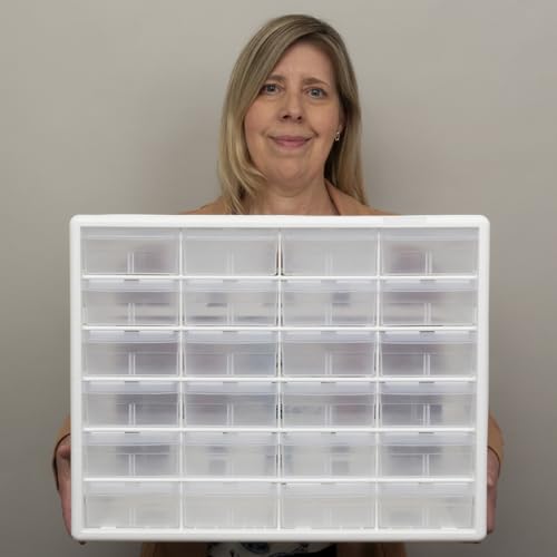 Akro-Mils 24-Drawer Plastic Drawer Storage Cabinet for Garage Organization, Bead Organizer, Building Bricks Storage, Teacher Toolbox, Makeup Organizer, 20" W x 6" D x 16" H, 10124 White - color: White, size: 24 Drawer, style: 1 Pack