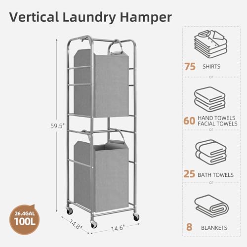STORAGE MANIAC 2 Tier Vertical Laundry Hamper, 2 Section Laundry Sorter with 2 Removable Tote Bags, Rolling Clothes Basket for Towels, Blankets, Tall Dirty Clothes Hamper for Closet, Bathroom, 2 Bags - size: 2 Section
