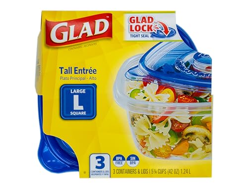 Glad GladWare Tall Entree Food Storage Containers with Lids, Large Square BPA Free Plastic for Meal Prep and Lunches, Lock Tight Seal, Microwave and Dishwasher Safe, 42 Oz, 3 Count - 6 Pack - size: 42 oz - 18 Count, style: Square