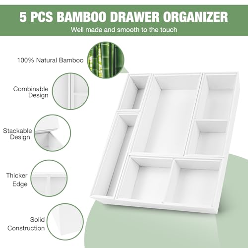 Bamboo Drawer Organizer,5 PCS White Bathroom Tray&Desk Organizers and Storage,Cabinet Divider With Removable Silverware Organization for Kitchen,Utensils,Junk,Office,Makeup - color: White, size: 5PCS