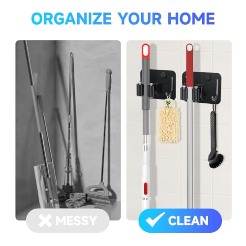 JAMEND CLXP 4-Pack Broom Holder with Heavy Duty Hooks, Upgraded Stainless Steel Mop Hanger. Wall Mount Utility Tool Rack for Kitchen Garden Laundry Garage. Matte Black. - color: 4PCS-Matte Black+Hook