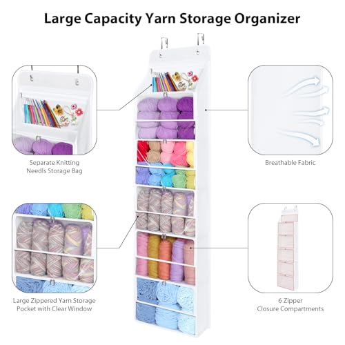 Univivi Hanging Yarn Storage Organizer with 6 Zipper Closure Compartments, Large Capacity Knitting Organizer Storage, Over the Door Hanging Yarn Holder for Knitting Needles, Crochet Hooks(Clear White) - color: Clear White, size: 6 Tiers