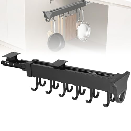 Homaisson Pull Out Hanging Pot Rack, 12-Hook Extendable Sliding Rail Organizer, Metal Pull Out Pan Rack for Under Cabinet, Adjustable Pot Pan Organizer, Multi-Use for Cupboard Closet