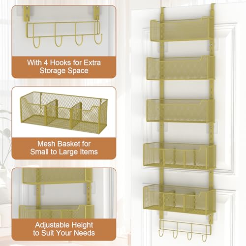 VyGrow Over The Door Organizer, Metal Door Organizer Hanging with 5 Adjustable Baskets and Coat Hook, Behind The Door Storage for Bedroom Closet Bathroom Pantry Cabinet Kitchen, Gold - color: Gold, size: 5-Tier