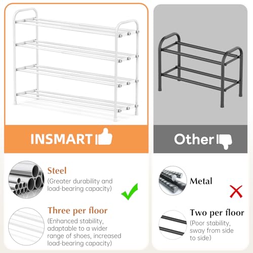 INSMART 4-Tier Expandable Shoe Rack, Stackable and Adjustable Shoes Organizer Storage Shelf, Sturdy and Durable Metal Structure Free Standing Shoe Rack for Closet Entryway Doorway, White - color: White, size: 4-Tier
