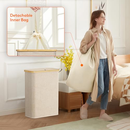 Lifewit 65L Slim Laundry Hamper with Lid, Narrow Laundry Basket with Removable Bag & Bamboo Handles, Fodable Thin Dirty Clothes Hamper for Laundry Collapsible Bin for Bathroom Bedroom Dorm, Beige - color: Beige, size: 65L