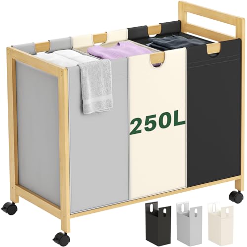 Homykic 250L Laundry Sorter Cart with Wheels, 3-Section Rolling Laundry Basket with Removable Bags, 66 Gal Large Laundry Hamper Organizer, Heavy Duty Bamboo Frame, Water-Resistant, Multicolor - color: Multicolor