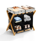Natural Bamboo Luggage Rack with 4 Storage Compartments ，Foldable Suitcase Stand, Luggage Rack for Guest Room , 150lbs Capacity, Sturdy, - color: Natural 1 Pcs