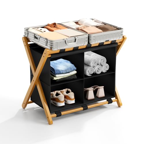 Natural Bamboo Luggage Rack with 4 Storage Compartments ，Foldable Suitcase Stand, Luggage Rack for Guest Room , 150lbs Capacity, Sturdy, - color: Natural 1 Pcs