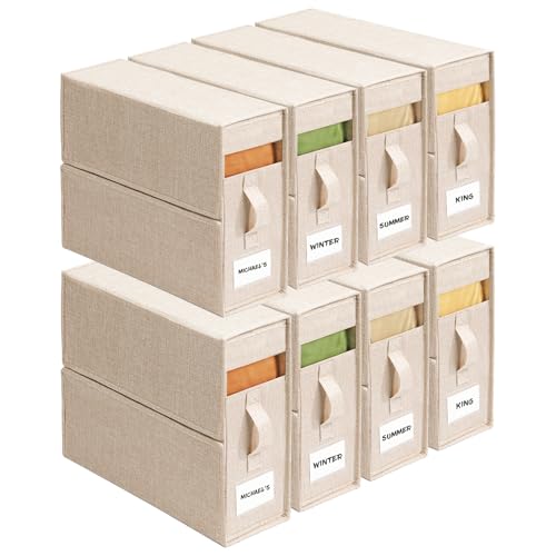 8Pack Sheet Organizers for Linen Closet - King/Queen Size Bedding Storage Boxes with Clear Window | Foldable, Dustproof Linen Organizer for Blankets & Sheet Sets,Beige - color: Beige, size: 8 Pack