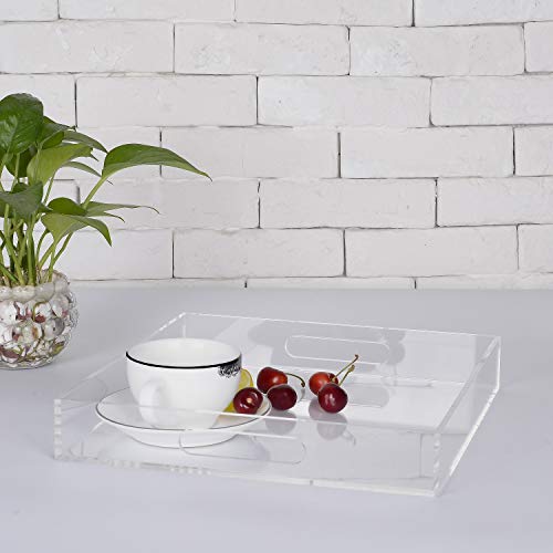 Clear Sturdy Acrylic Serving Tray with Handles - 12x12Inch - Coffee, Appetizer, Breakfast, Butler Tray - Kitchen Countertop & Makeup Drawer Organizer - color: Clear, size: 12" x 12" x 2"
