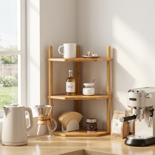3-Tier Expandable Bamboo Corner Shelf - Dish/Plate Organizer for Cabinet, Kitchen Counter Shelf & Small Kitchen Shelf, Adjustable (Natural, 2-Pc 6.70" H) - color: 2Pc-6.7"H
