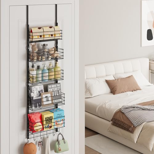 SWTYMIKI Over The Door Organizer - Door Organizer Hanging with 5 Adjustable Metal Large Capacity Basket and 6 Coat Hook, Wall Mounted Shelf for Bedroom Closet Bathroom Laundry Pantry Cabinet Kitchen - color: Black