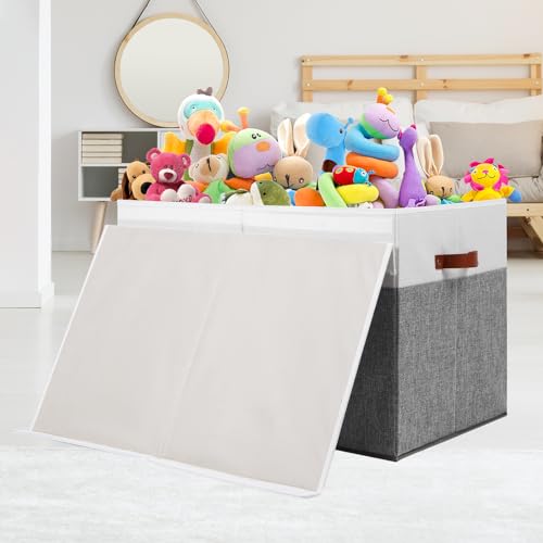 Gowee Large Toy Storage Box with Lid, Sturdy Toys Storage Chest Bin Organizer Basket with Dividers for Kids, Boys, Girls, Nursery, Closet, Bedroom, Playroom 26"x17" x17" (Grey and White) - color: Grey and White, size: 26"x17" x17"