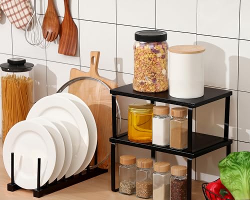 Marsui 4 Pcs Kitchen Organizer Accessories Set Cabinet Organizer Shelf and Bamboo Dish Drying Plate Rack Counter Shelves Storage Holder for Spice Rack, Dish, Pot Lid, Bowl, Cup (Black) - color: Black