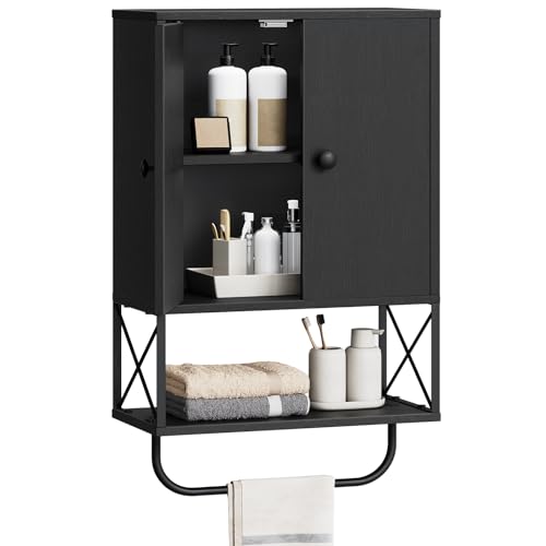 MAHANCRIS Bathroom Wall Cabinet with 2 Door and Adjustable Shelf, Farmhouse Medicine Cabinet with Towel Rack, 3-Tier Wall Mounted Storage Cabinet Over The Toilet for Bathroom Laundry Room, Black - color: Black, size: 15"L x 7.9"W x 26.1"H