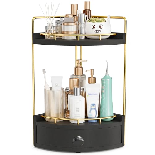 2-Tier Corner Bathroom Counter Organizer with Drawer & Embedded Screw Holes - Wooden Countertop Organizers for Skincare, Makeup Storage, Bathroom Sink Counter Shelf for Vanity, kitchen, Black Gold - color: Black Gold