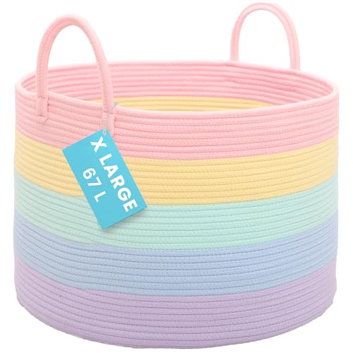 OrganiHaus Rainbow Blanket Basket for Classroom & Nursery, Extra Large Woven Laundry Basket w/Handles, Kids Toy Organizer & Storage, Soft Round Dog Toy Storage Bin, Cute Bin - 20"x13" in - color: Rainbow Pastel, size: Wide